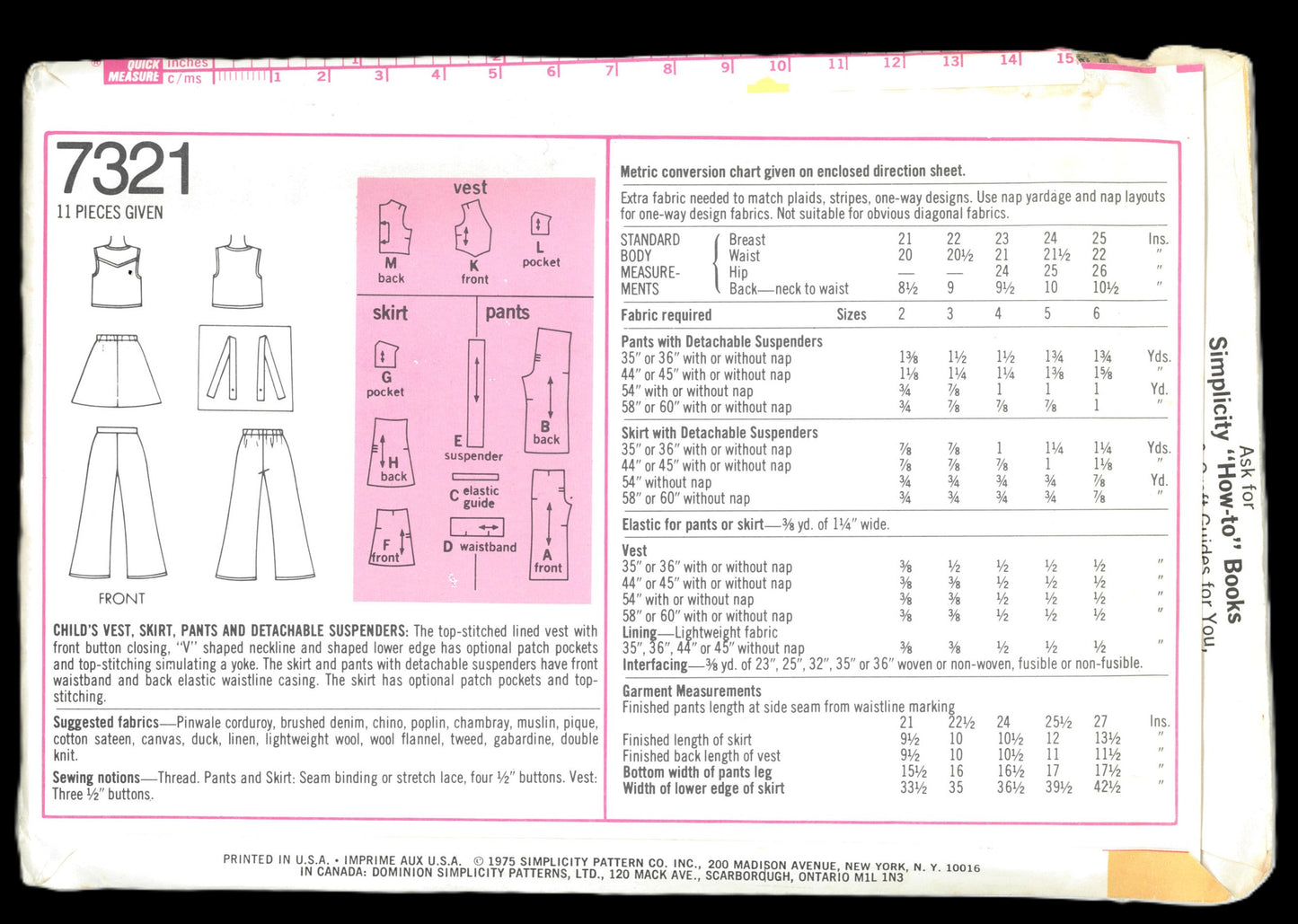 70s Simplicity 7321 Girls Vewst Skirt pants and Detachable Suspenders Sewing Pattern UNCUT Size 4 Size 5 or Size 6
