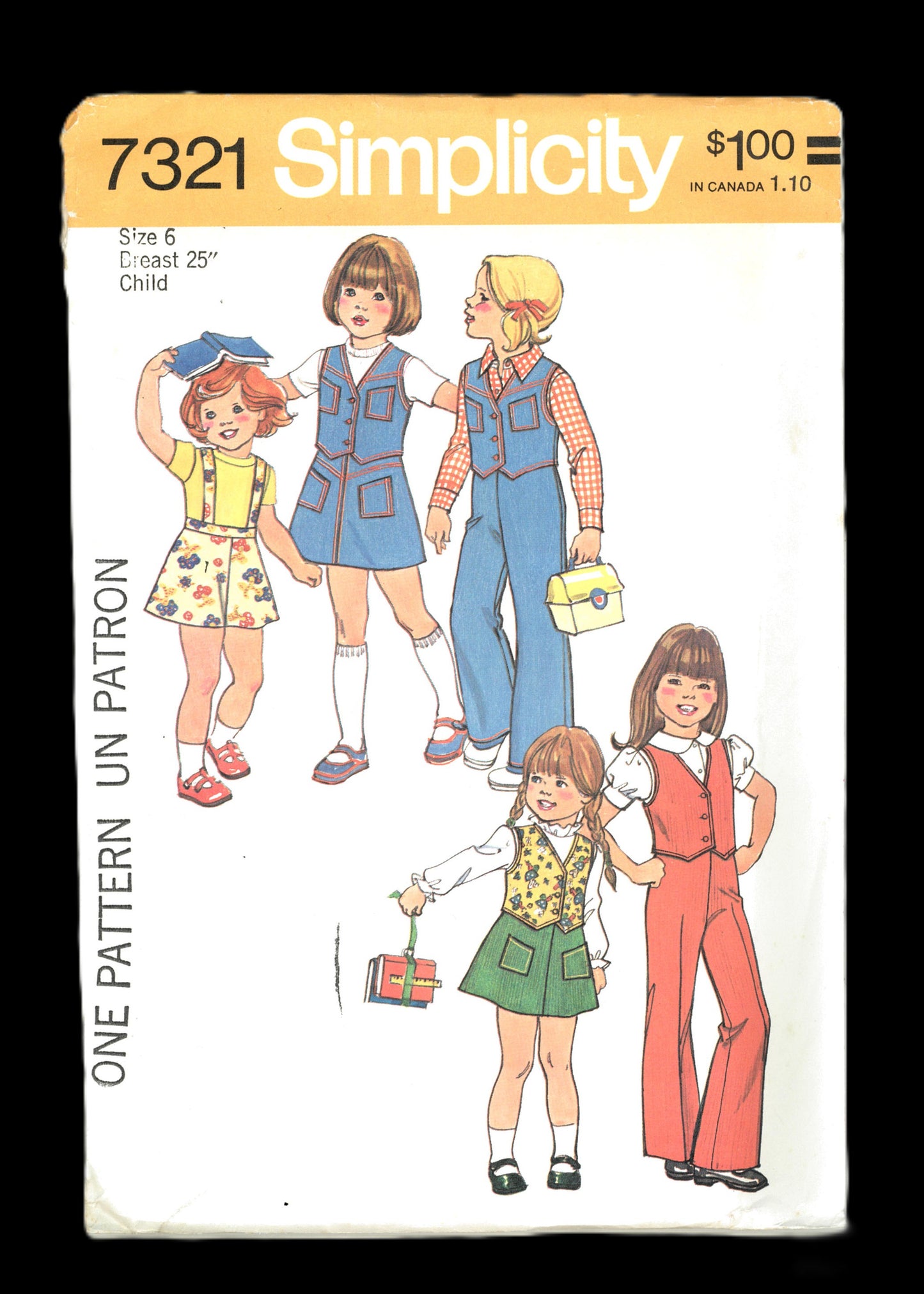 70s Simplicity 7321 Girls Vewst Skirt pants and Detachable Suspenders Sewing Pattern UNCUT Size 4 Size 5 or Size 6