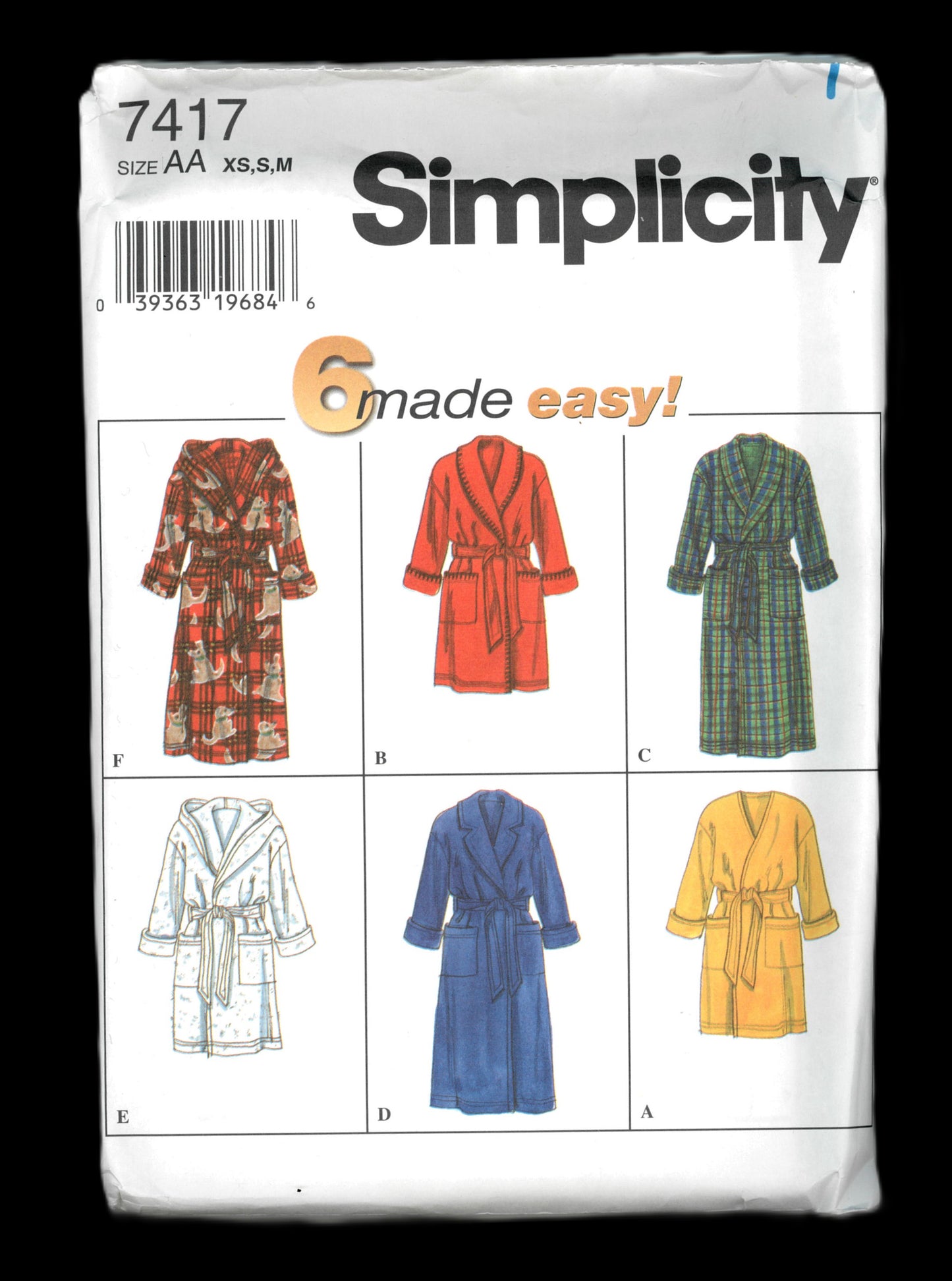 Simplicity 7417 Misses Mens and Teens Robe Sewing Pattern - UNCUT - Size XS S M Or Size L,XL