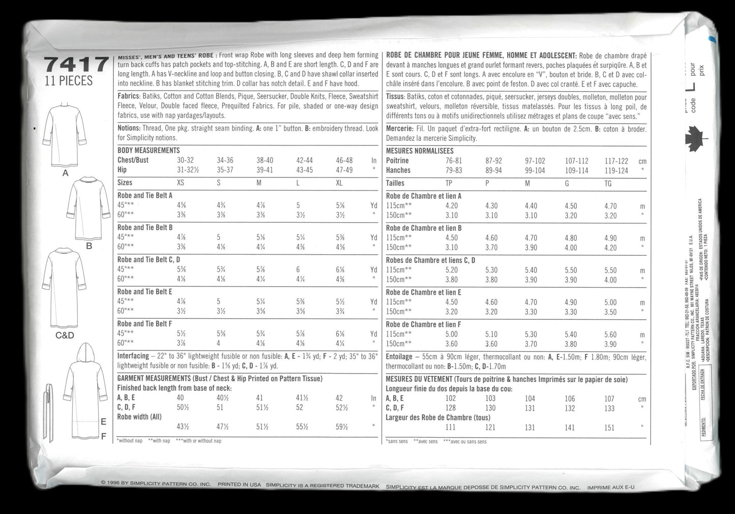 Simplicity 7417 Misses Mens and Teens Robe Sewing Pattern - UNCUT - Size XS S M Or Size L,XL