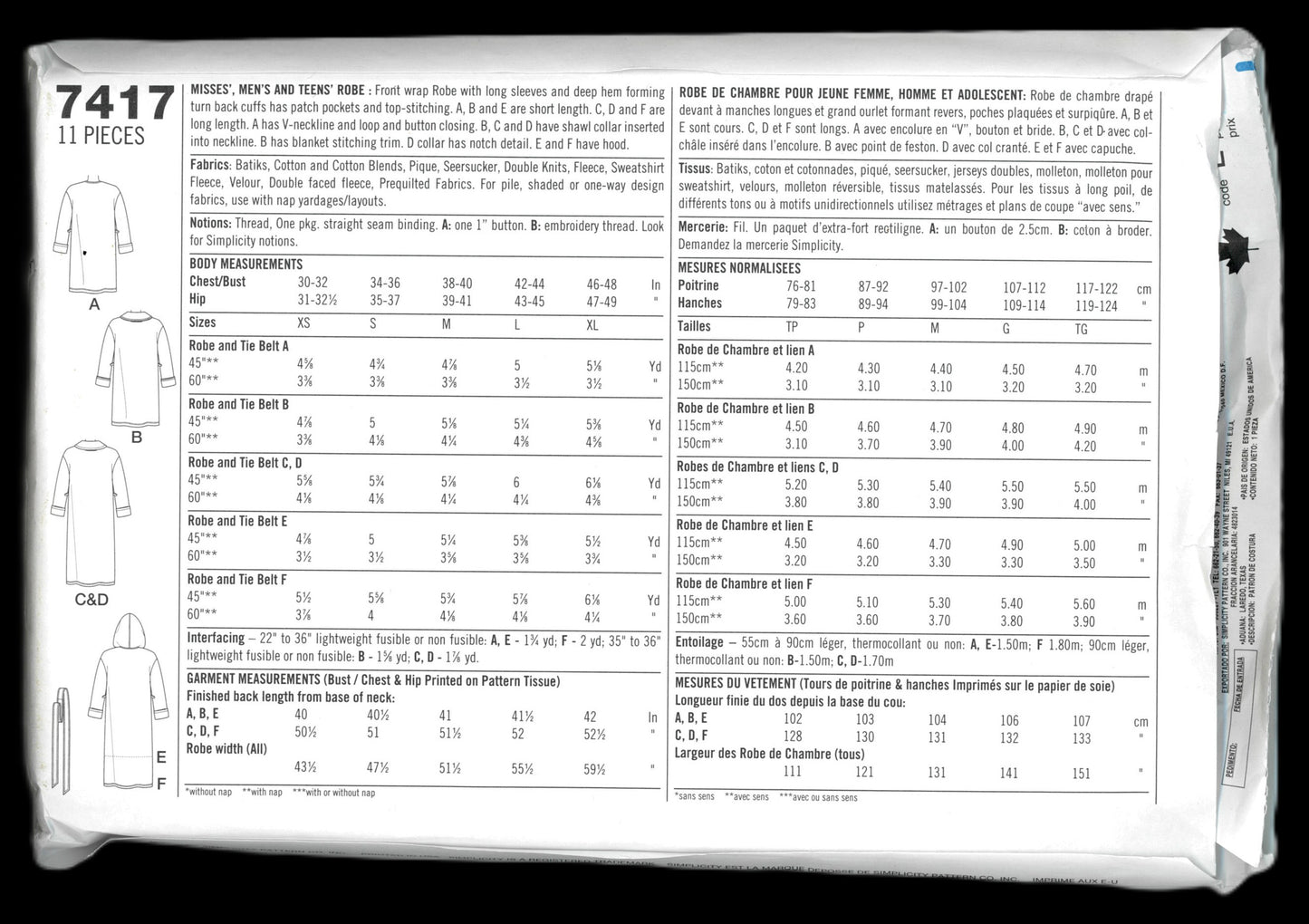 Simplicity 7417 Misses Mens and Teens Robe Sewing Pattern - UNCUT - Size XS S M Or Size L,XL