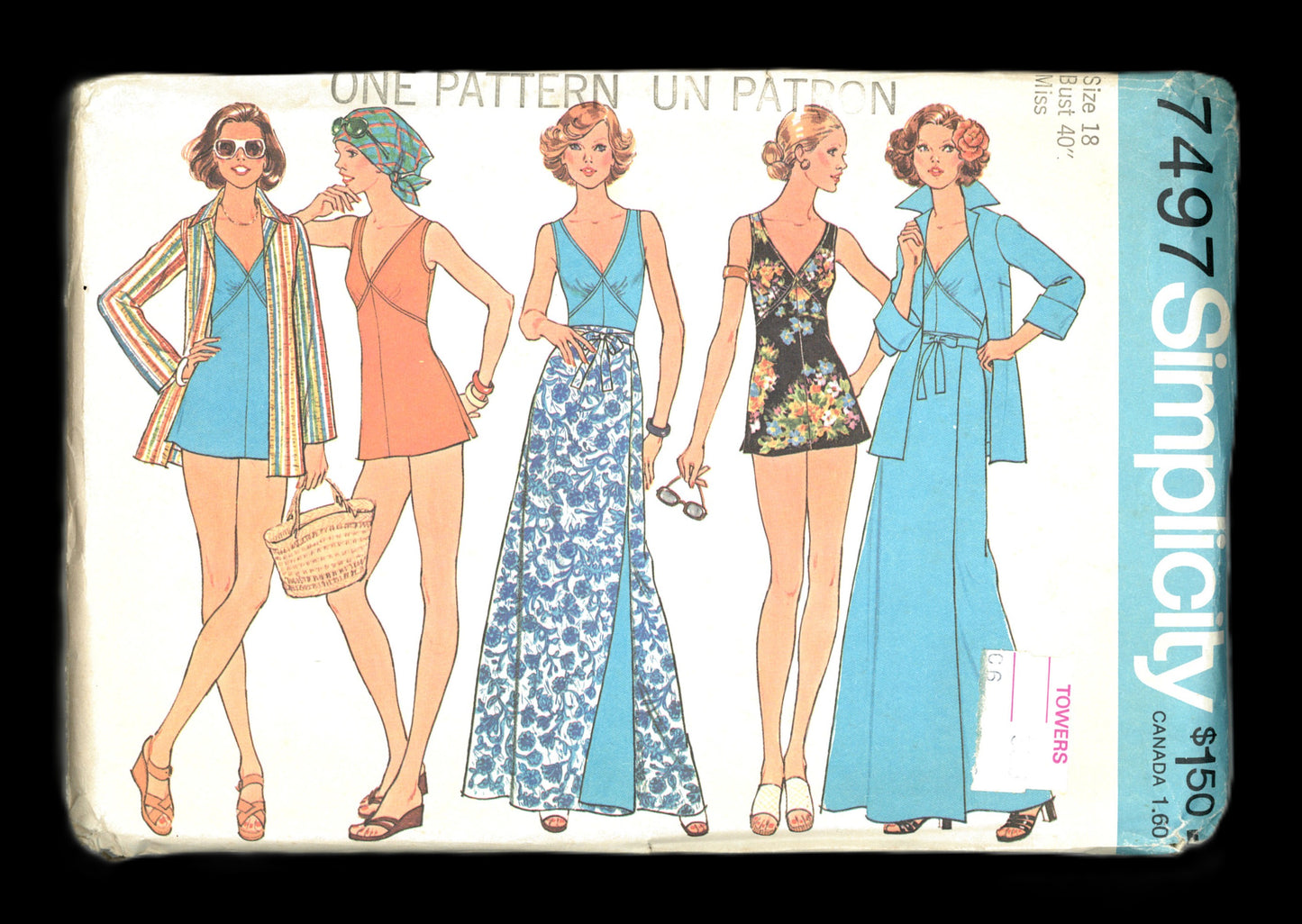 70s Simplicity 7497 Misses Bathing Suit, Reversible Front Wrap, Skirt and Shirt Jacket Sewing Pattern  UNCUT Size 16 or Size 18