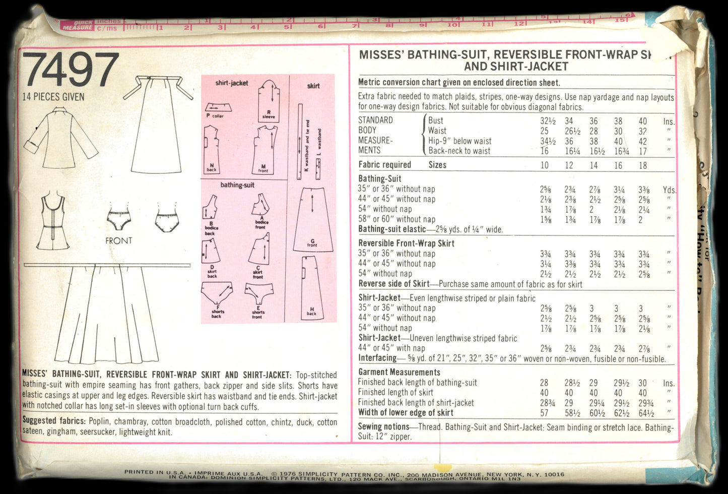 70s Simplicity 7497 Misses Bathing Suit, Reversible Front Wrap, Skirt and Shirt Jacket Sewing Pattern  UNCUT Size 16 or Size 18