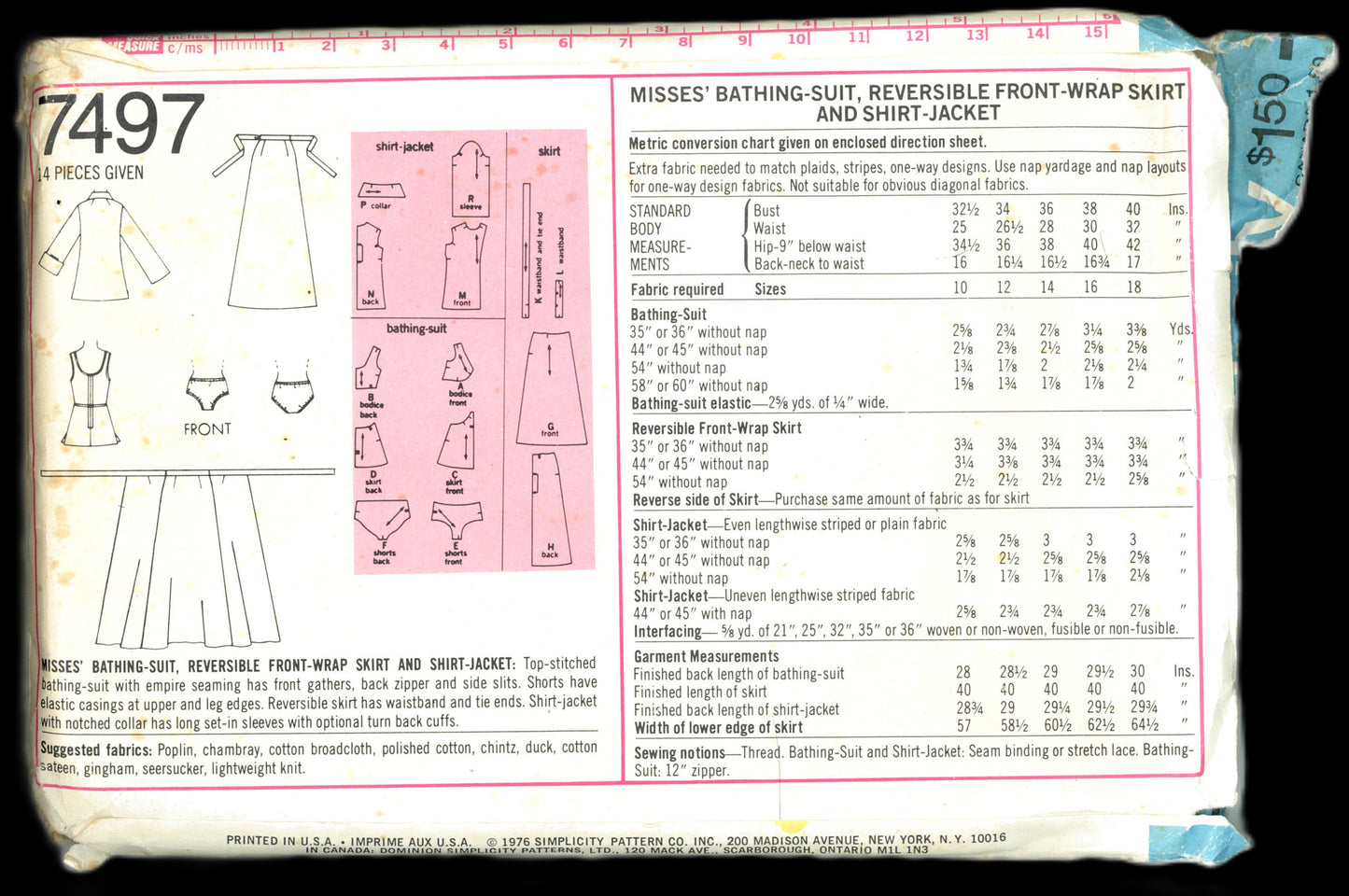 70s Simplicity 7497 Misses Bathing Suit, Reversible Front Wrap, Skirt and Shirt Jacket Sewing Pattern  UNCUT Size 16 or Size 18