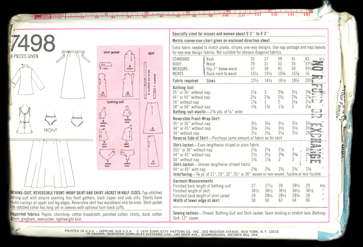 70s Simplicity 7498 Misses Bathing Suit, Reversible Front Wrap, Skirt and Shirt Jacket Sewing Pattern  UNCUT Size 16 1/2