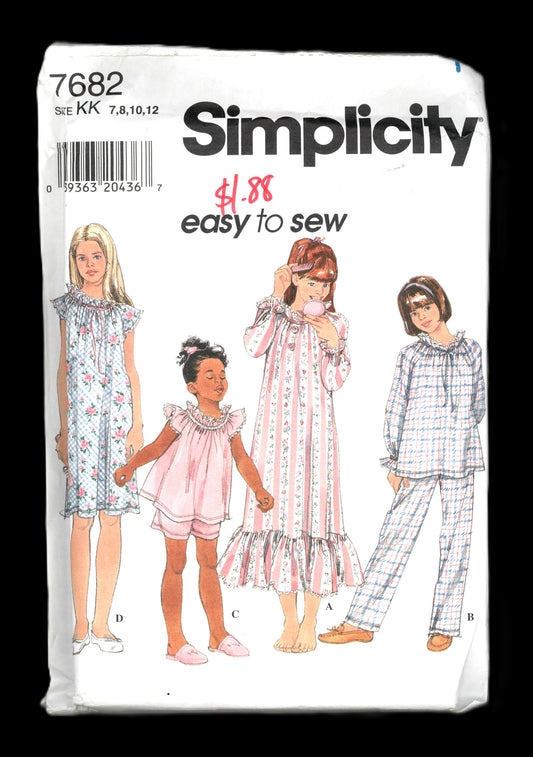 Simplicity 7682 Girls Nightgown and Pajamas Sewing Pattern UNCUT Size 7 8 10 12