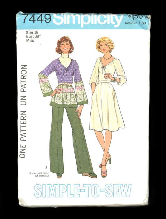 70s Simplicity 7449 Simple to Sew Misses Pullover Top Skirt and Pants Sewing Pattern - UNCUT - Size 16 Bust 38"