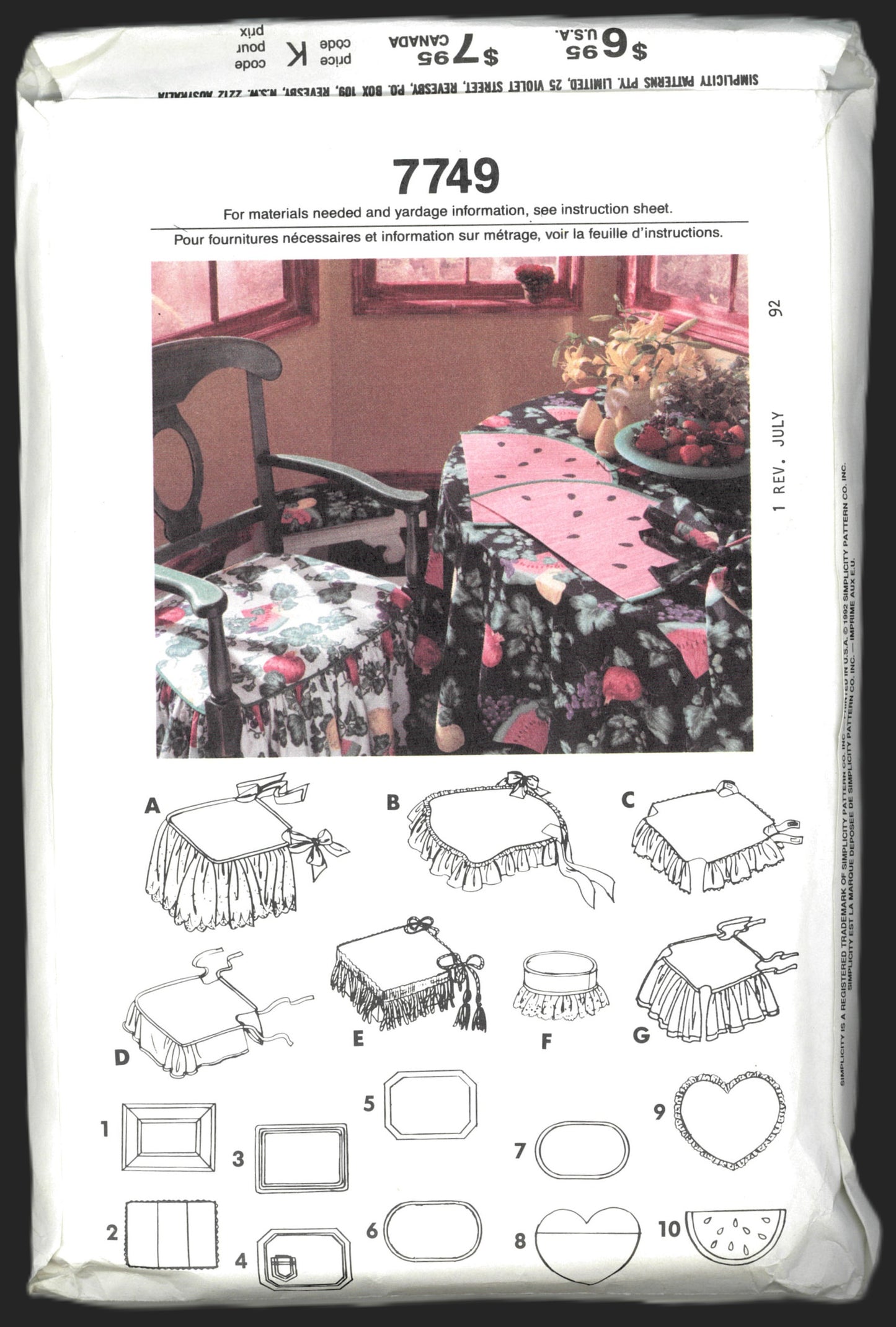 Simplicity 7749 Chair Pads and Placemats Sewing Pattern - UNCUT