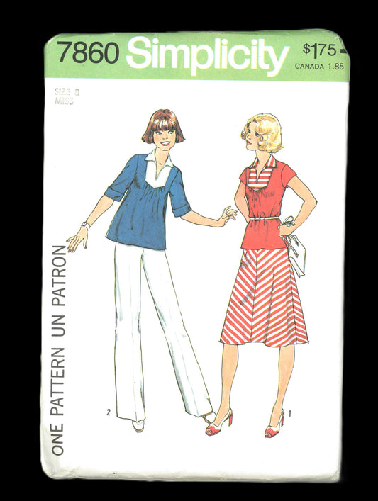 70s Simplicity 7860 Misses Pants, Pullover Top and Bias Skirt Sewing Pattern UNCUT  Size 8