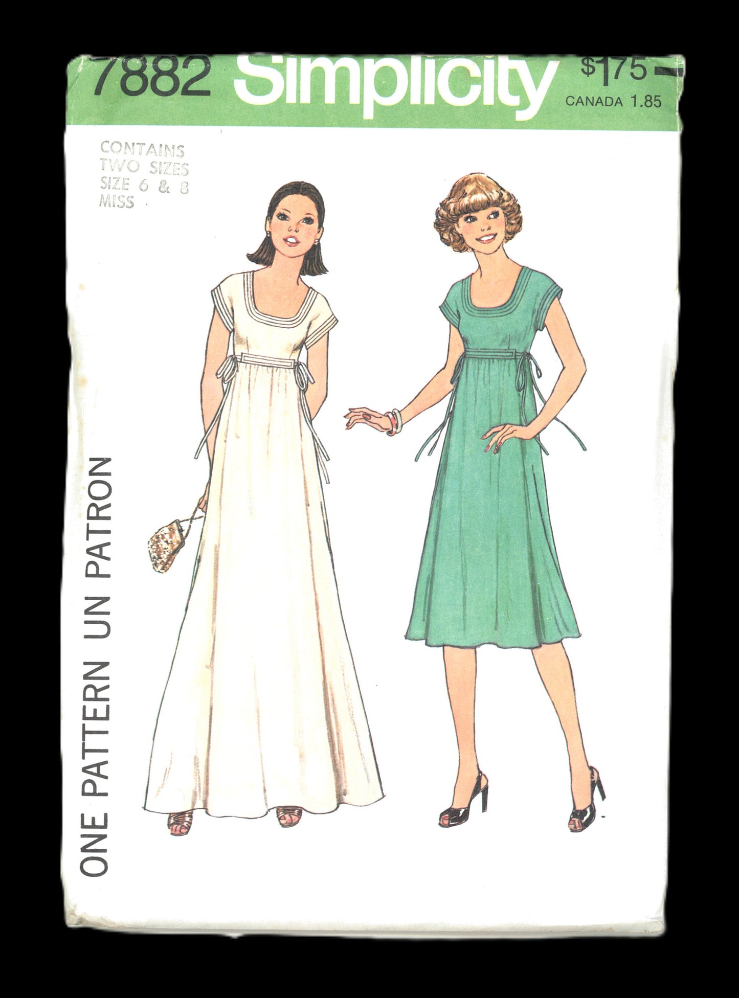 70s Simplicity 7882 Misses Dress in Two Lengths Sewing Pattern UNCUT Size 6 & 8 Size 10 Size 12
