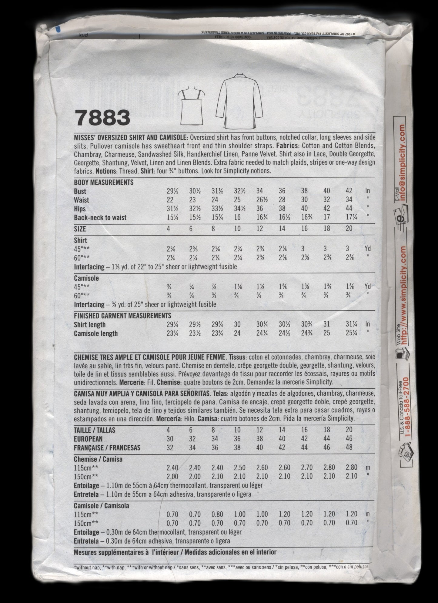 Simplicity 7883  MissesOversized Shirt and Camisole Sewing Pattern UNCUT  Size 16 18 20