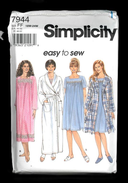 Simplicity 7944  Womens Nightgown and Robe Sewing Pattern UNCUT - Size 18w 20w 22w 24w