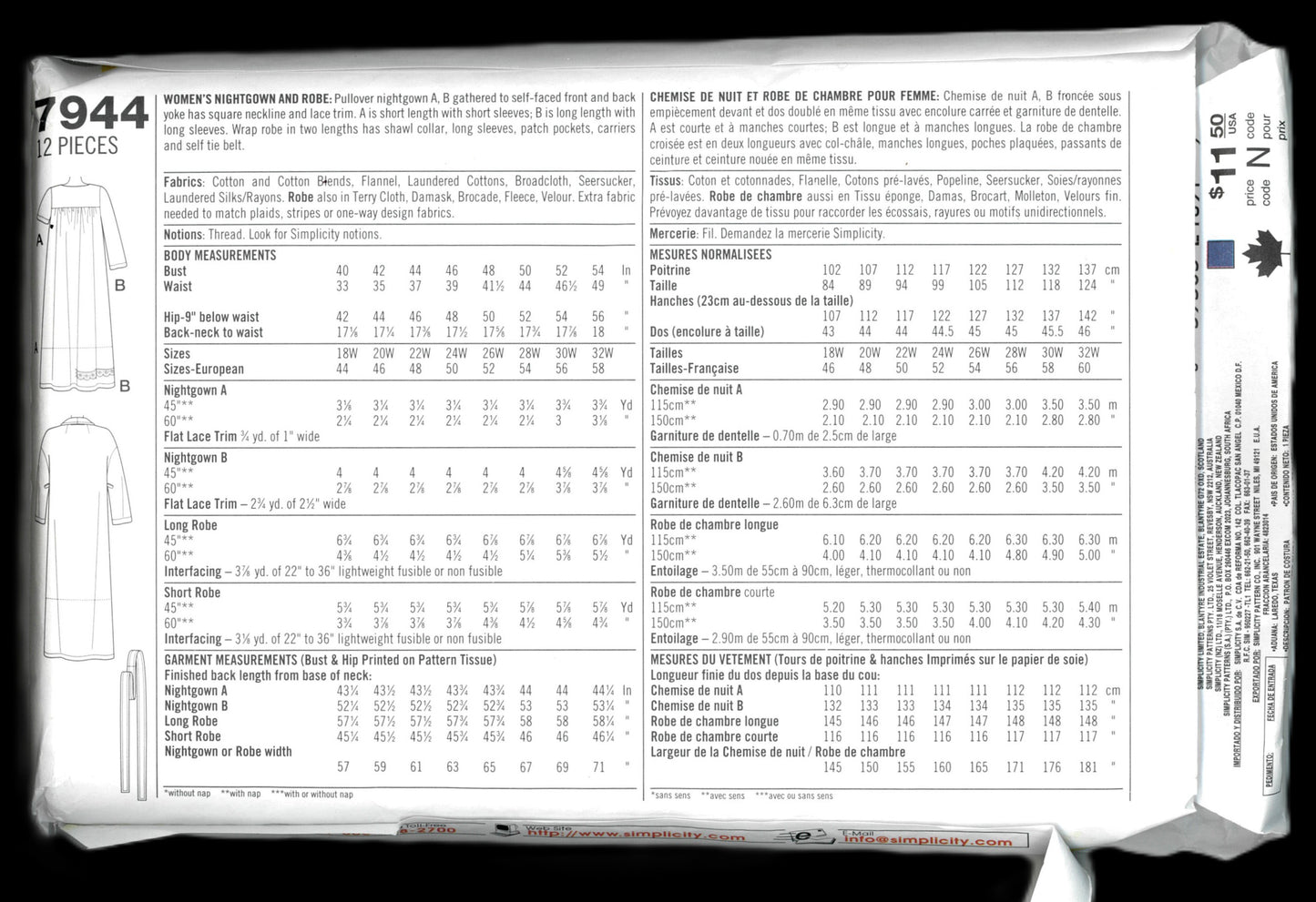 Simplicity 7944  Womens Nightgown and Robe Sewing Pattern UNCUT - Size 18w 20w 22w 24w