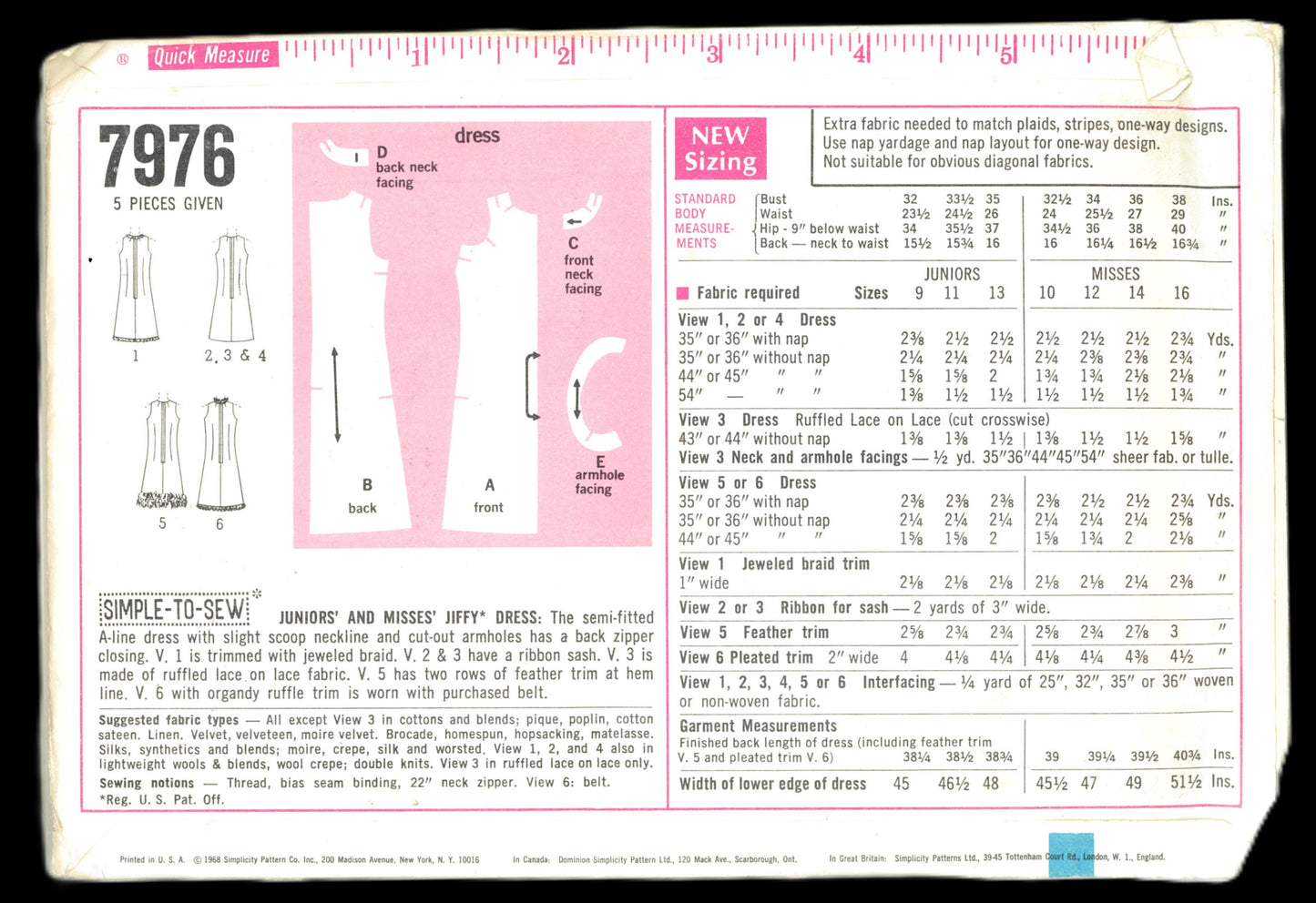 60s Simplicity 7976 Misses Jiffy Dress Sewing Pattern - UNCUT - Size 16 Bust 38