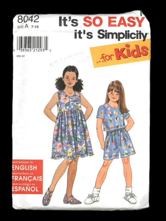 Simplicity 8042  Girls Dress Top and Shorts Sewing Pattern - UNCUT Size 7 - 16