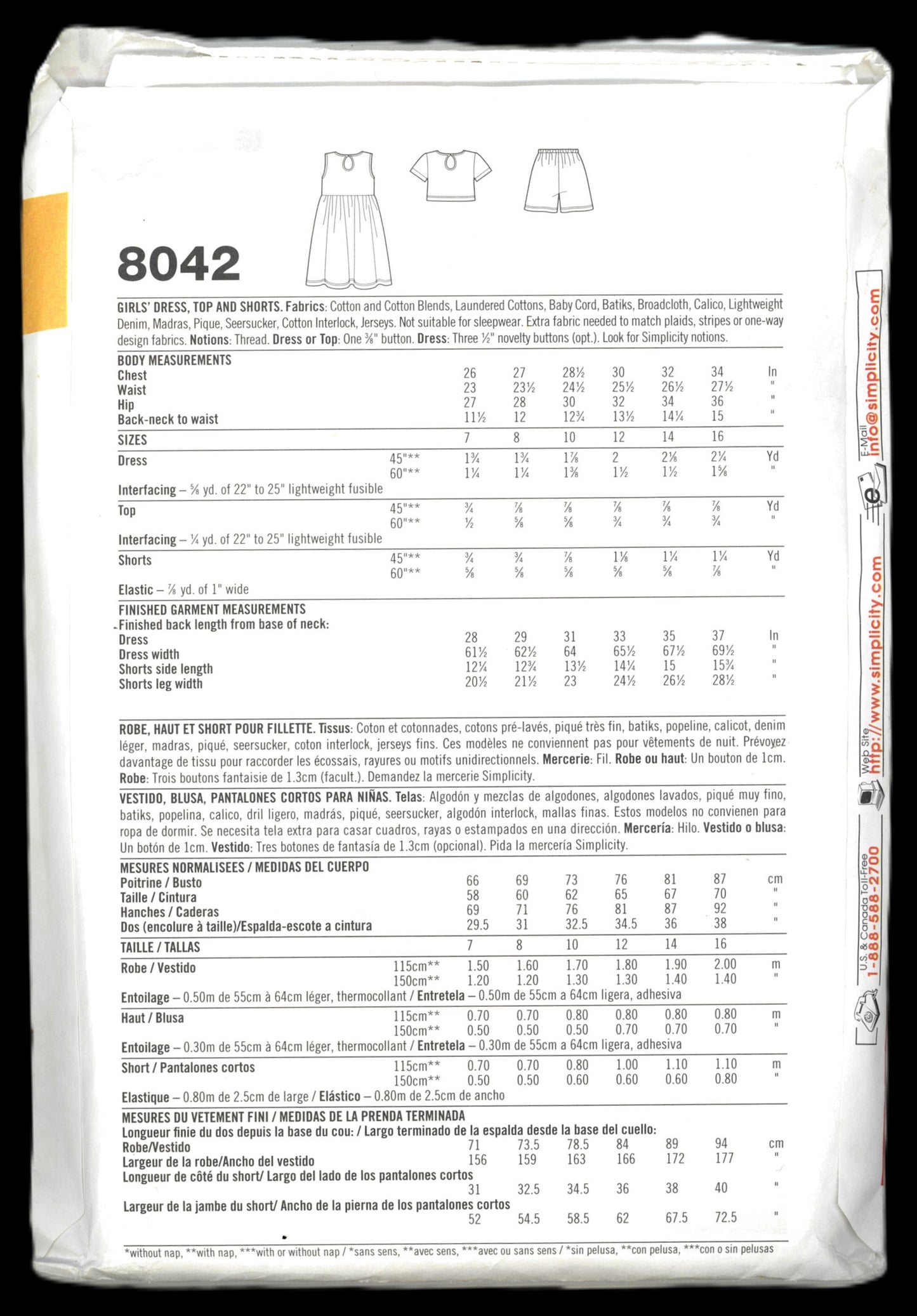 Simplicity 8042  Girls Dress Top and Shorts Sewing Pattern - UNCUT Size 7 - 16