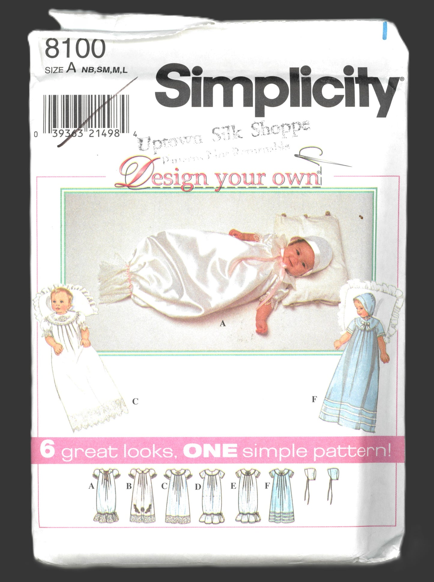 Simplicity 8100 Babies Christening Gown, Slip and Bonnet Sewing Pattern UNCUT Size NB S M L