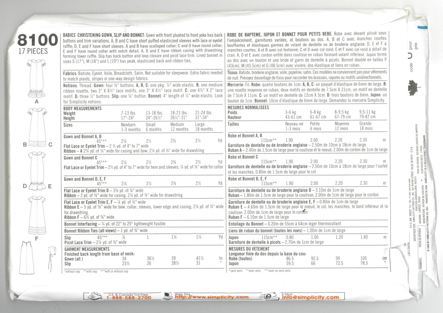 Simplicity 8100 Babies Christening Gown, Slip and Bonnet Sewing Pattern UNCUT Size NB S M L