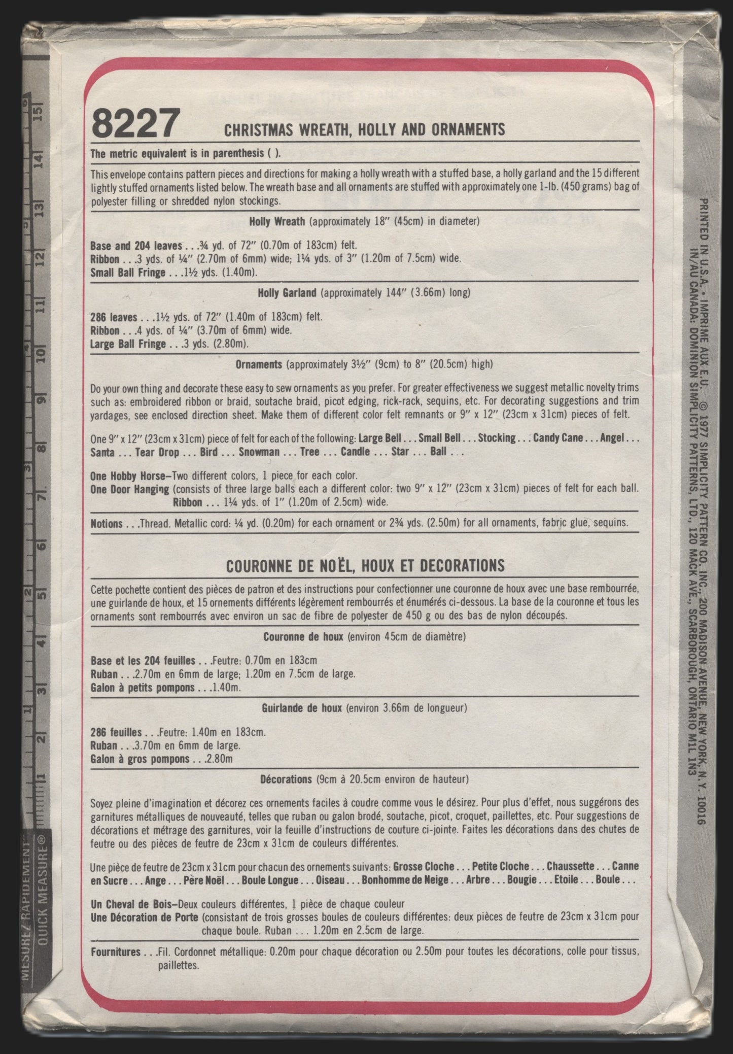 Simplicity 8227 Christmas Holly and Ornaments Sewing Pattern - UNCUT