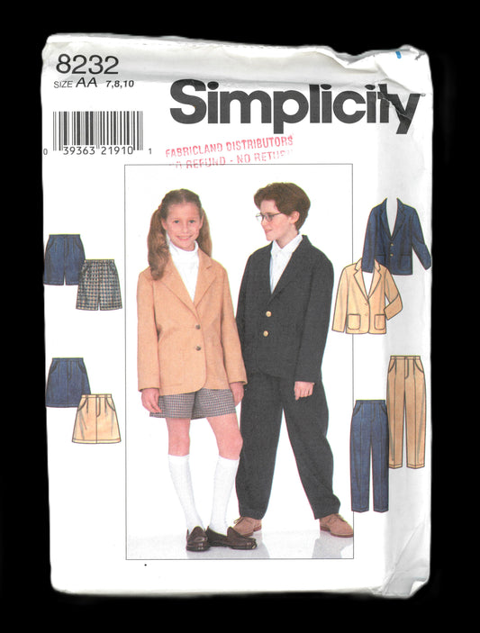 Simplicity 8232 Boys and Girls jacket Skirt and Pants or Shorts Sewing Pattern - UNCUT Size 7 8 10