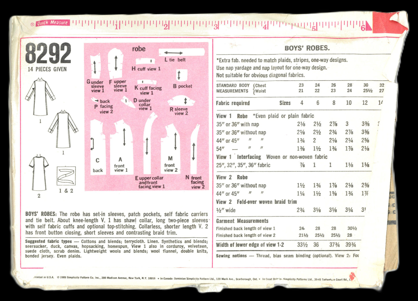 Simplicity 8292 Boys Robe Sewing Pattern UNCUT Size 6