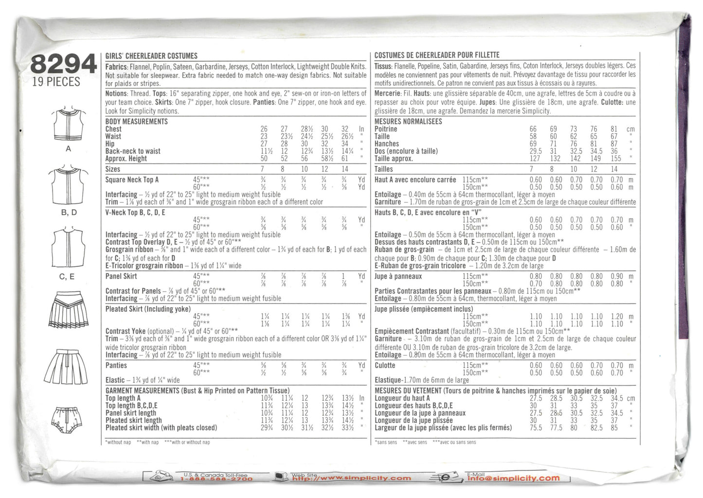 Simplicity 8294 Girls Cheerleader Costumes Sewing Pattern - UNCUT - Size 12, 14