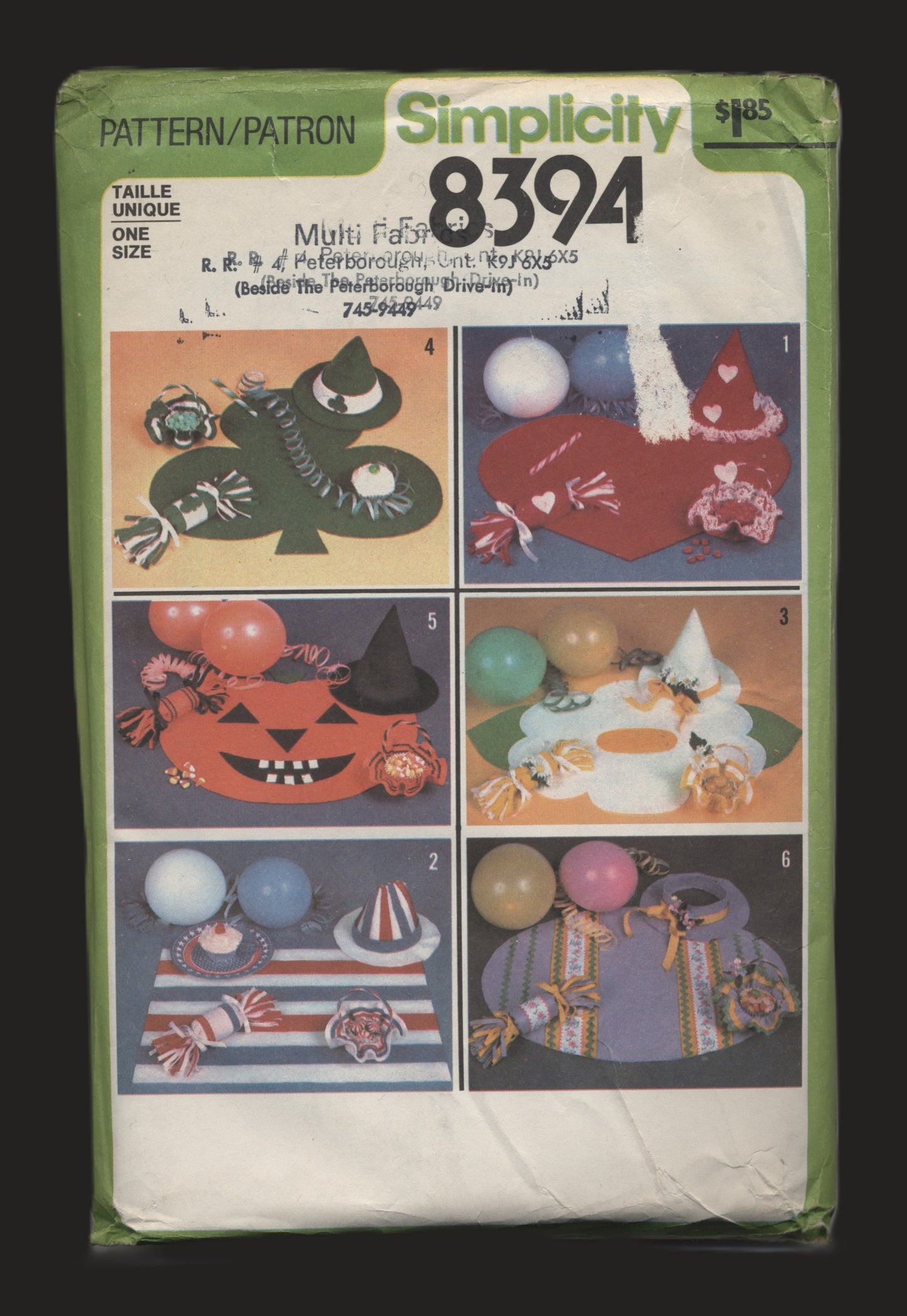 Simplicity 8394 Place Mats Hats and Favours Sewing Pattern - UNCUT