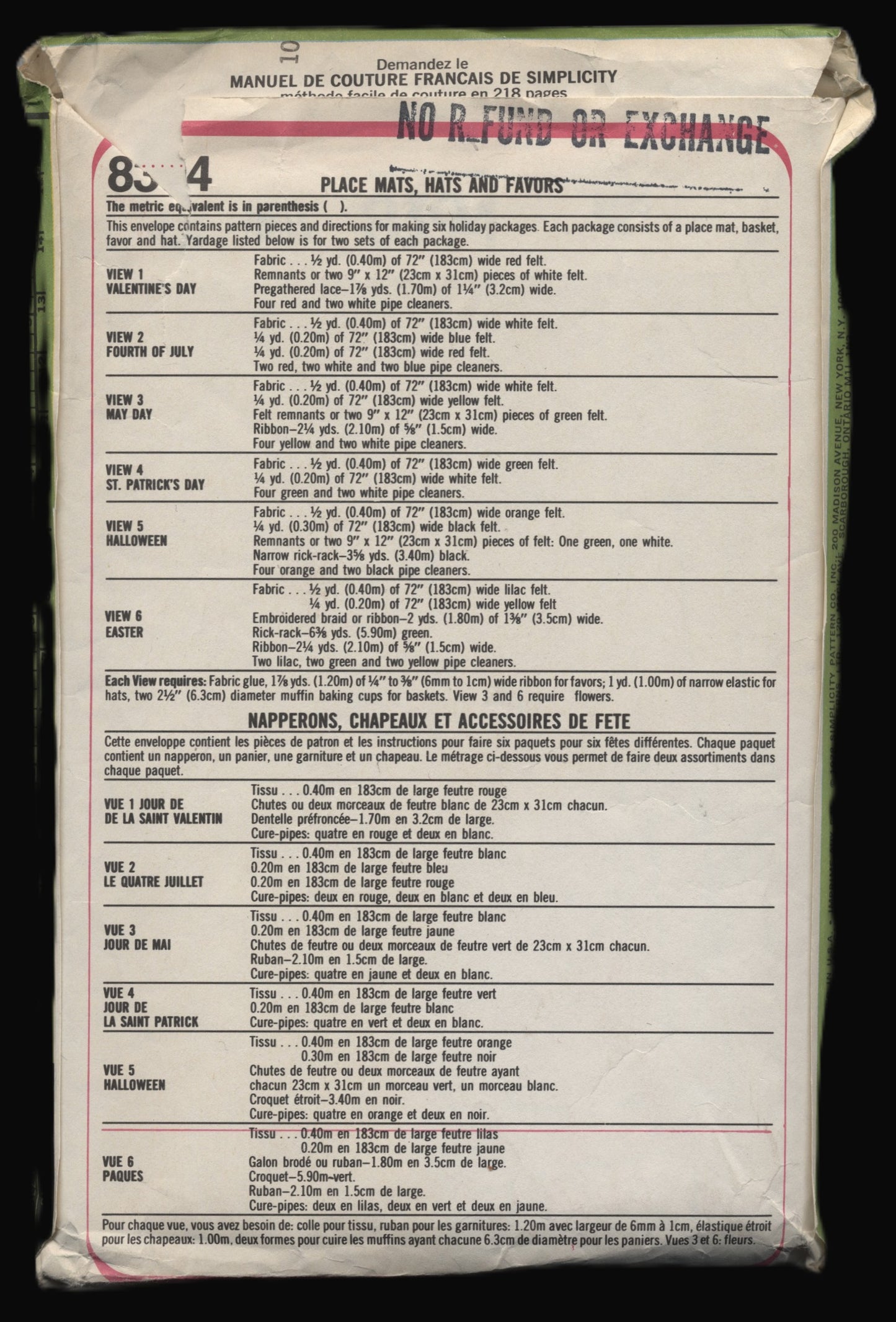 Simplicity 8394 Place Mats Hats and Favours Sewing Pattern - UNCUT