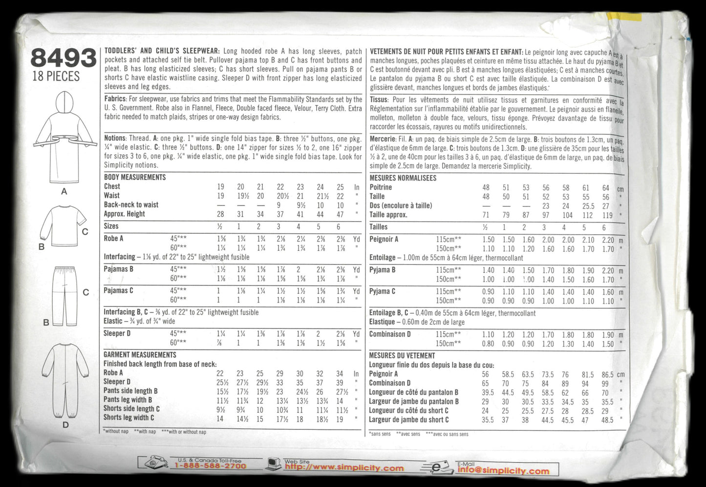 Simplicity 8493 Toddlers and Childs Sleepwear Sewing Pattern UNCUT Size 1/2 1 2