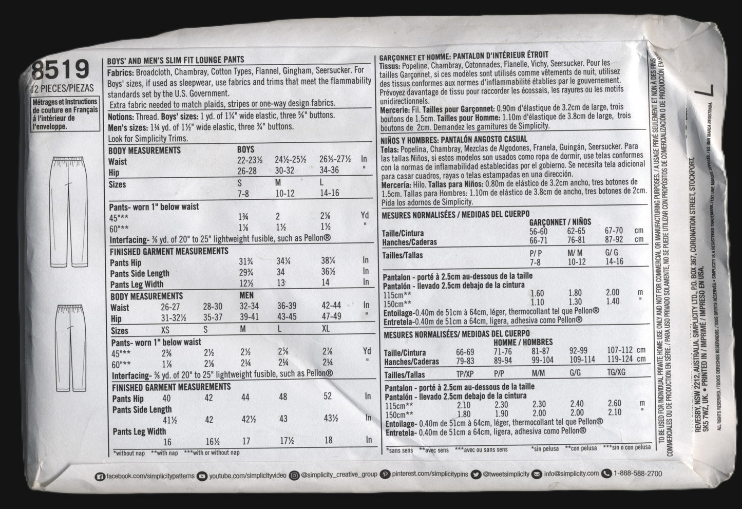 Simplicity 8519  Boys and Men's Slim Fit Lounge Pants Sewing Pattern UNCUT Boys Size S M L Mens Size S M L XL