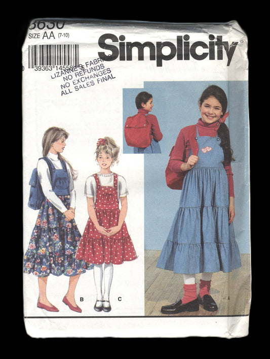Simplicity 8630 Girls Jumper in Two Lengths and Backpack Sewing Pattern - UNCUT Size 7 - 10