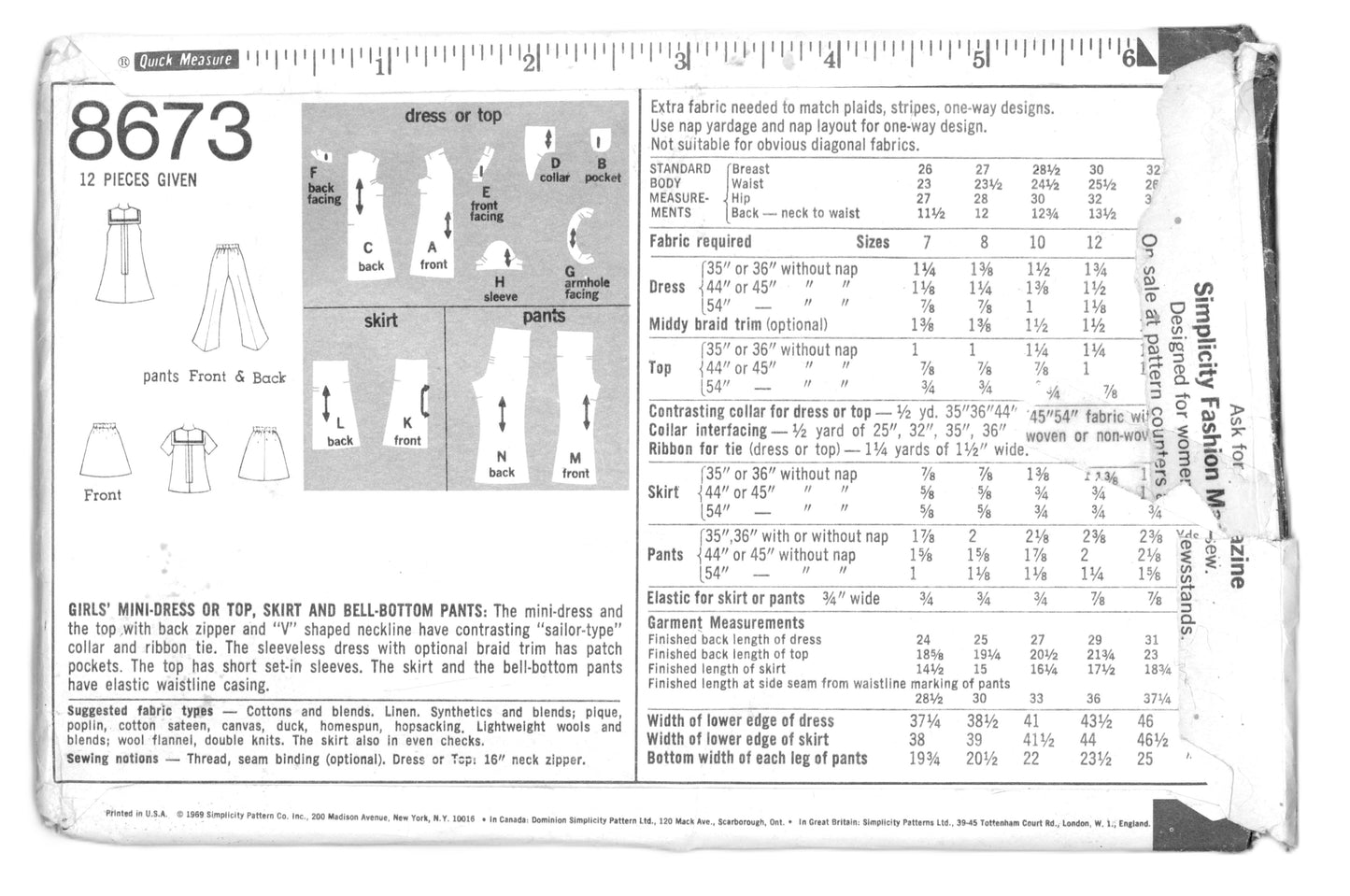 70s Simplicity 8673 Girls Sailor Collar Mini - Dress or Top, Skirt and Bell Bottom Pants Sewing Pattern  UNCUT Size 10 Bust 28 1/2