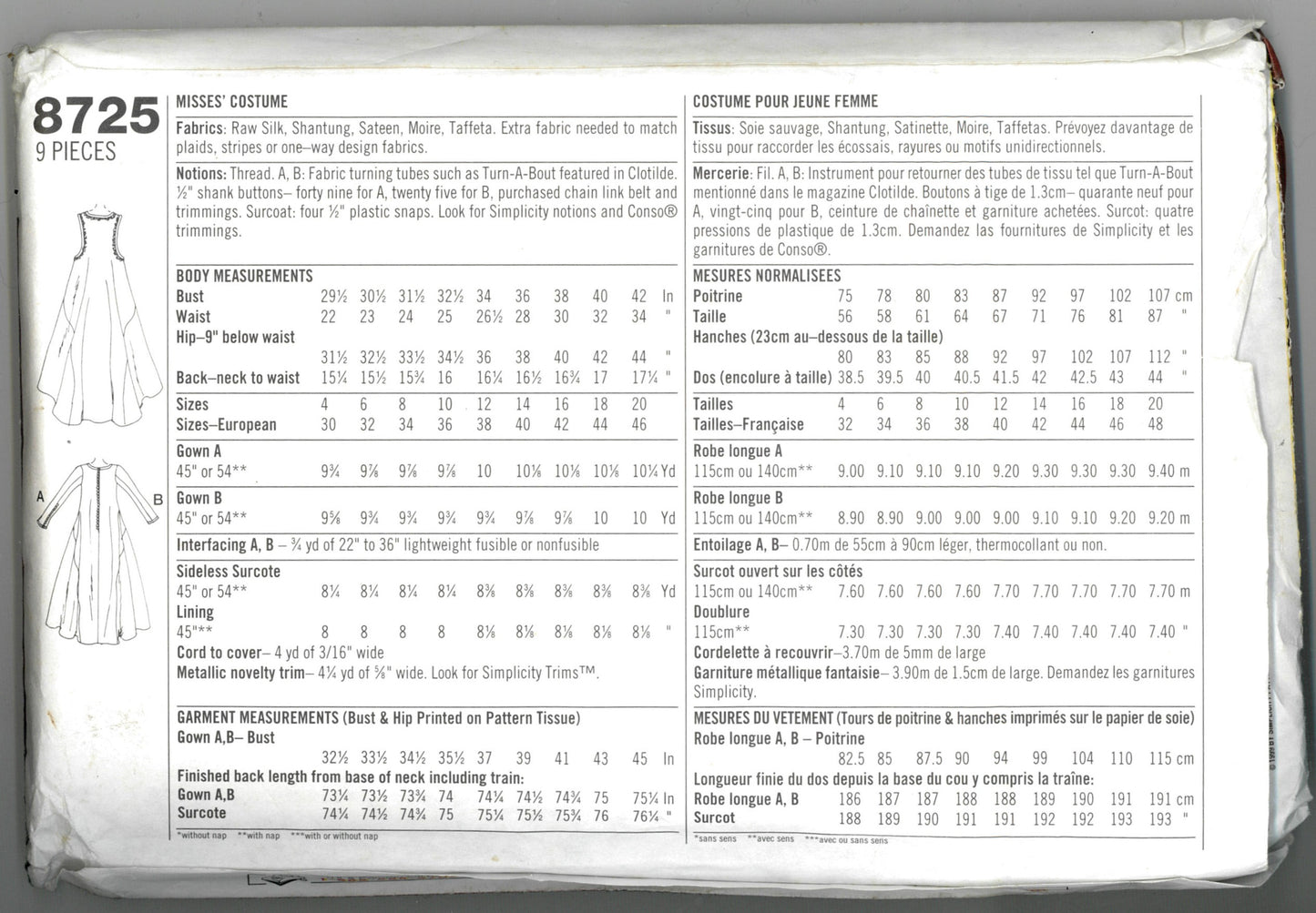 Simplicity 8725 Misses Medieval Costumes Sewing Pattern - UNCUT - Size 4 6 8