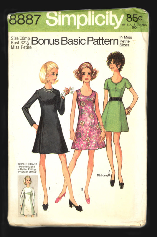 70s Simplicity 8887 Miss Petited Bonus Basic Princess Dress with Two Necklines in Two LengthsSewing Pattern UNCUT  Size 10mp Bust 32 1/2