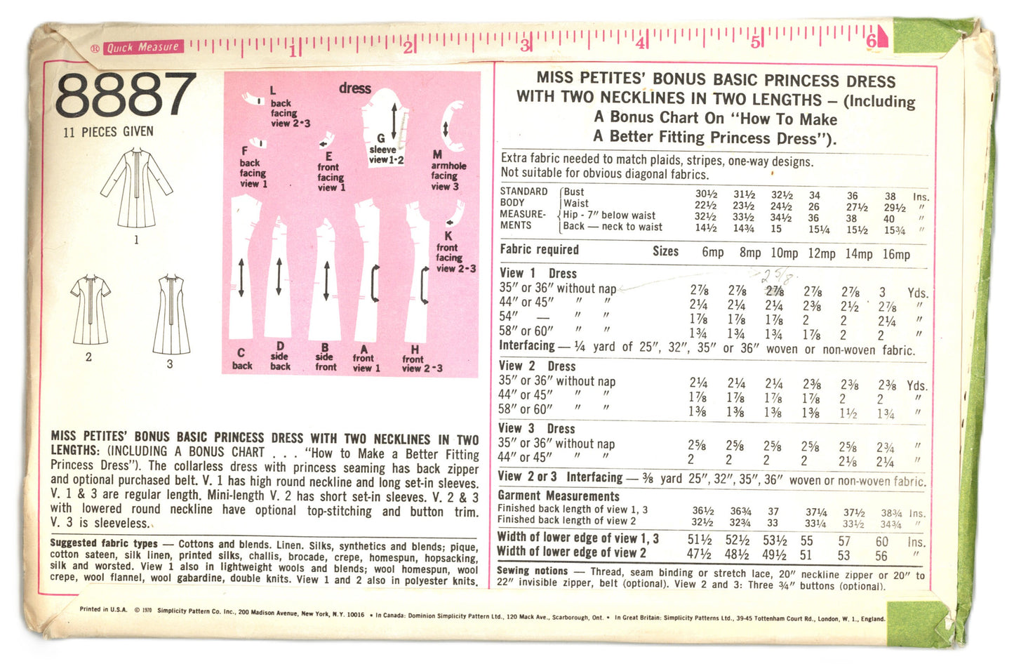 70s Simplicity 8887 Miss Petited Bonus Basic Princess Dress with Two Necklines in Two LengthsSewing Pattern UNCUT  Size 10mp Bust 32 1/2