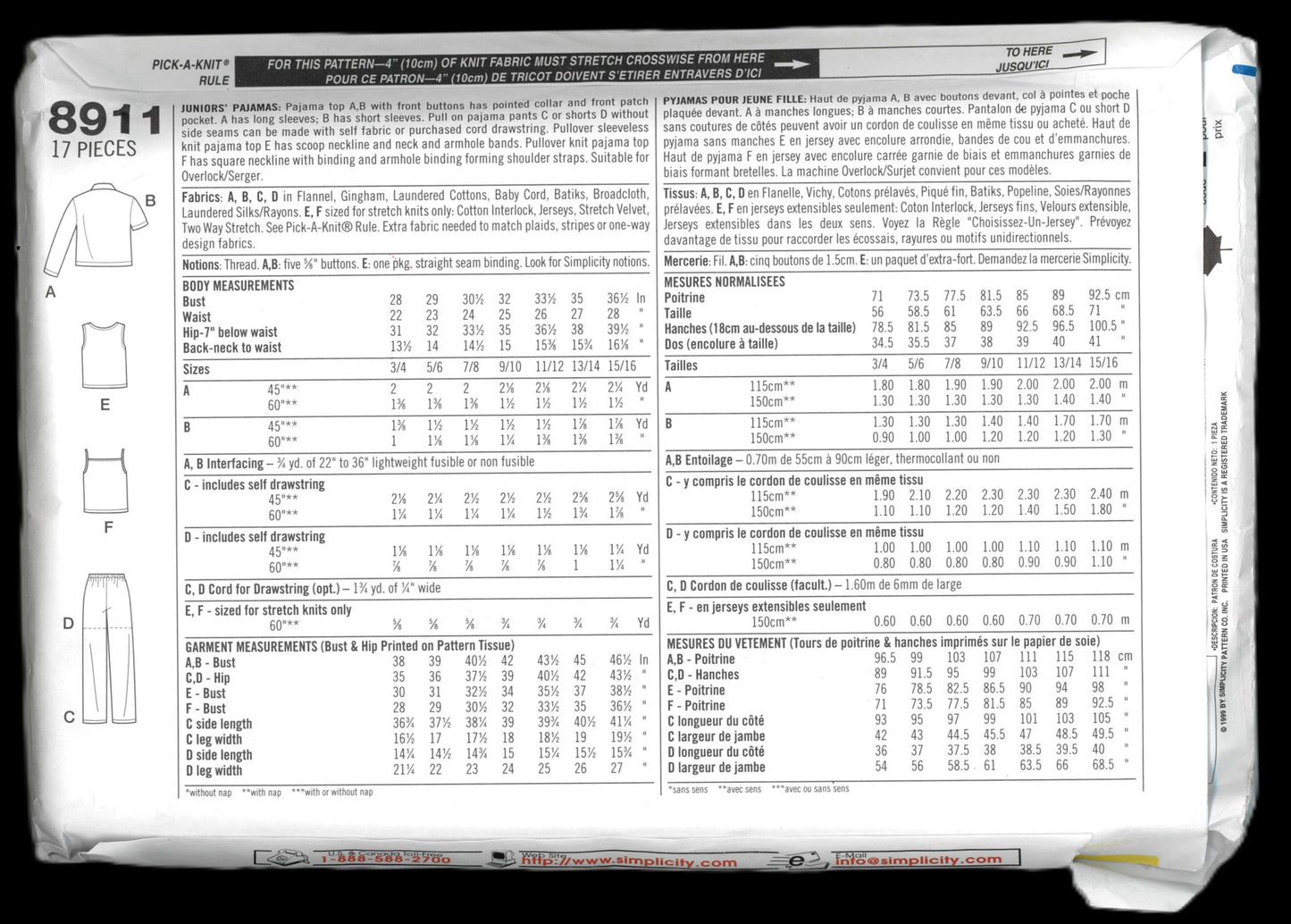 Simplicity Grooves 8911 Juniors Pajamas Sewing Pattern UNCUT Size 3/4 - 9/10 or Size 11/12  - 15/16