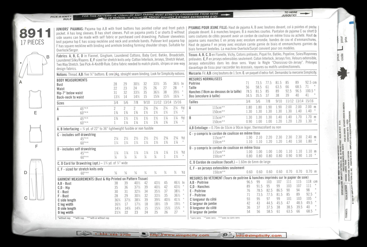 Simplicity Grooves 8911 Juniors Pajamas Sewing Pattern UNCUT Size 3/4 - 9/10 or Size 11/12  - 15/16