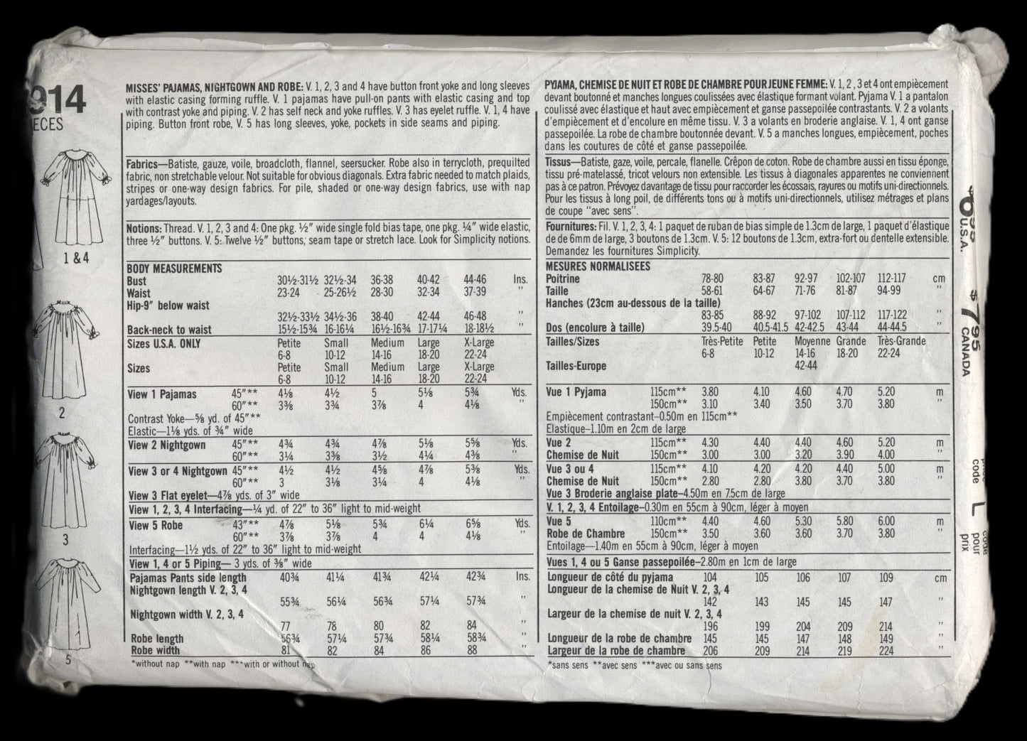 Simplicity 8914  Misses Pajamas Nightgown and Robe Sewing Pattern UNCUT Size Medium