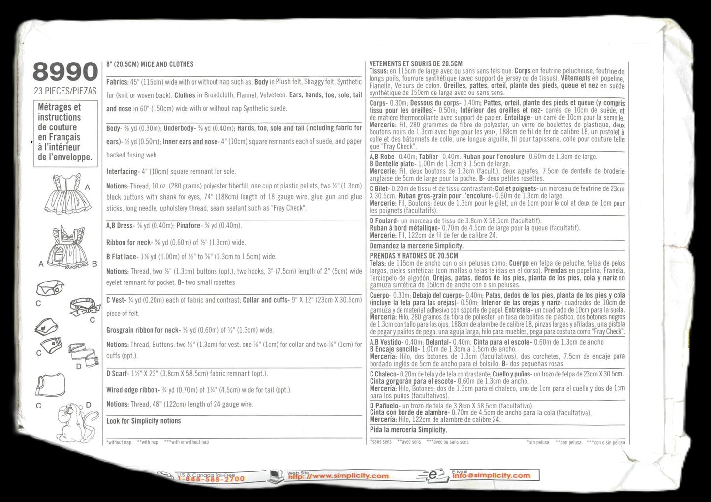 Simplicity 8990 8" Christmas Mice and Clothes Sewing Pattern - UNCUT