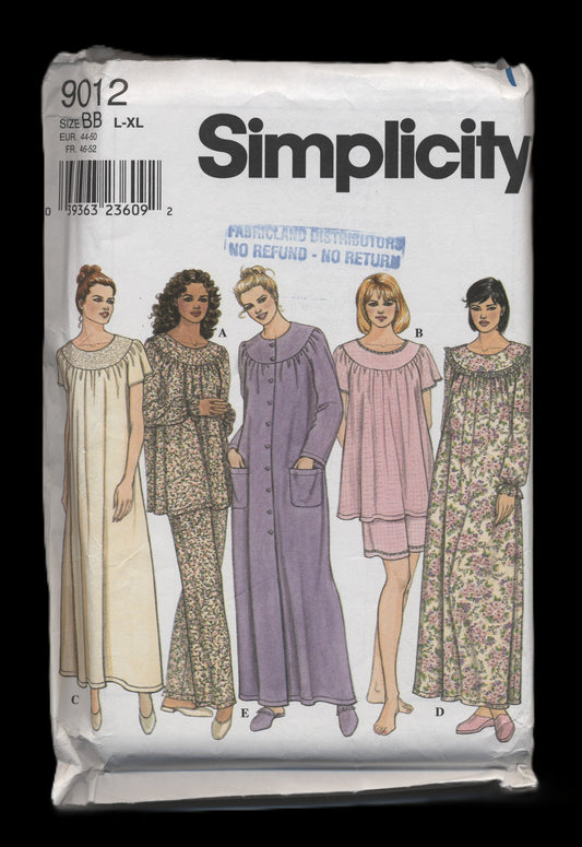 Simplicity 9012 Misses Sleepwear Nightgown, Top, Pants and Shorts Sewing Pattern UNCUT Size L - XL