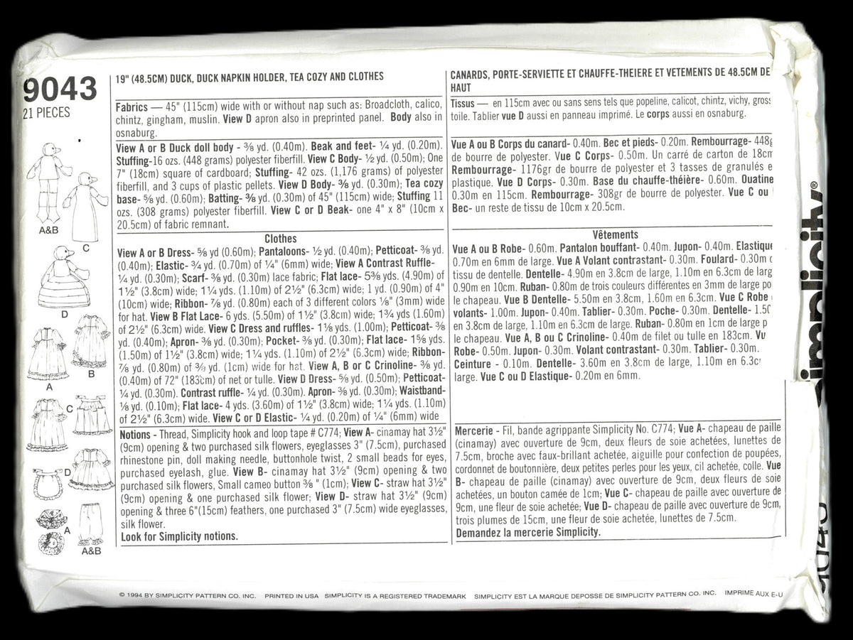 Simplicity 9043 Faith Van Zantan 19" Duck, Duck Napkin holder, Tea Cozy and Clothes Sewing Pattern UNCUT
