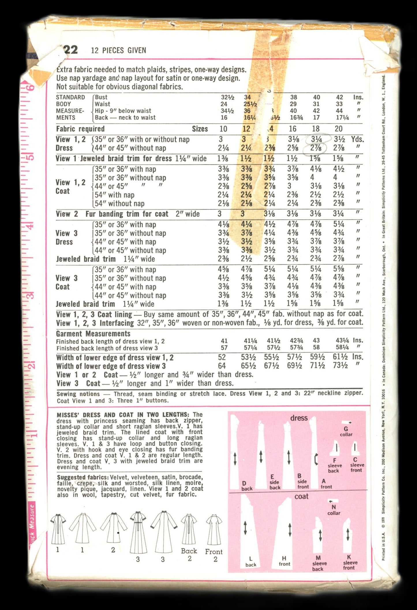 Simplicity 9122 Misses Dress and Coat in Two Lengths Sewing Pattern UNCUT  Size 18 Bust 40