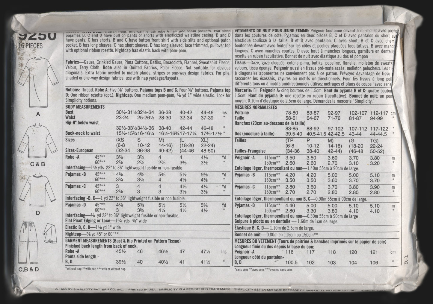 Simplicity 9250 Misses Sleepwear Sewing Pattern - UNCUT - Size Xs S M