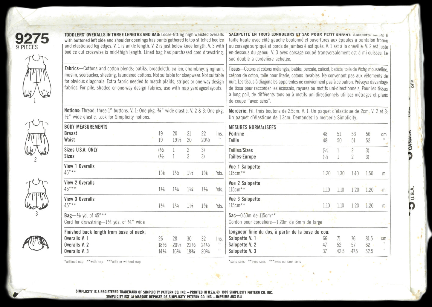 Simplicity 9275 Toddlers Overalls in Three LEngths and Bag Sewing Pattern - UNCUT - Size 1/2 1 2 3