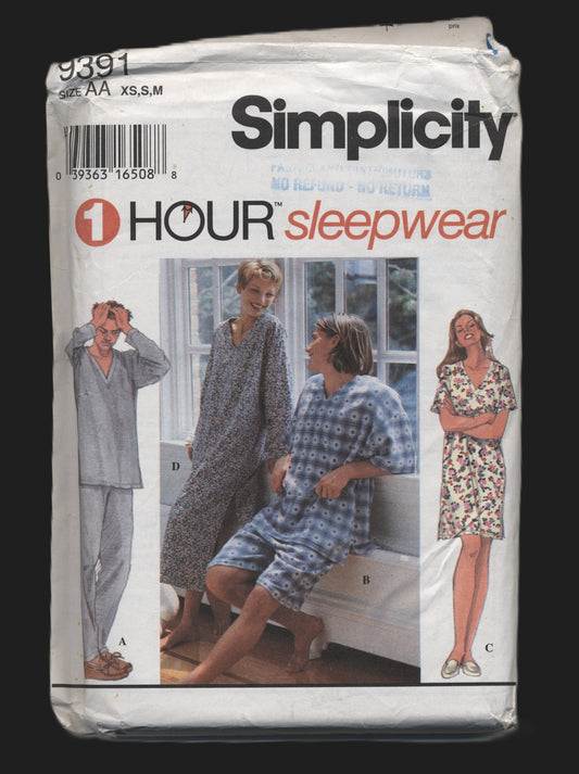 Simplicity 9391  Misses Mens and Teens Sleepwear Sewing Pattern - UNCUT - Size Xs S M