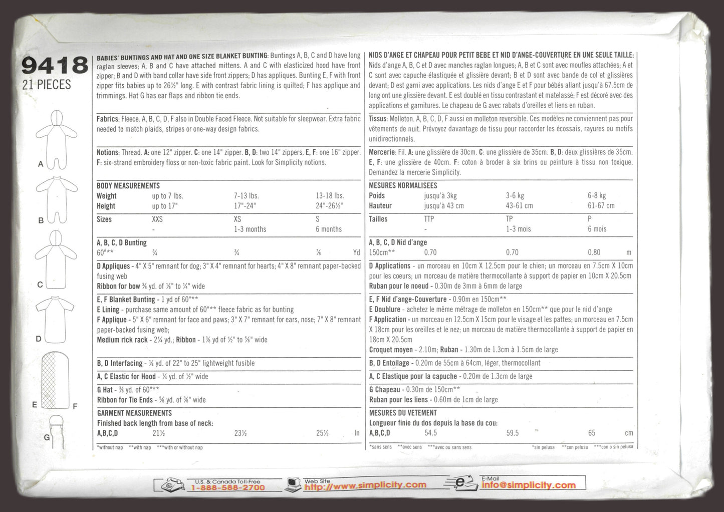 Simplicity 9418 Babies Buntings and Hat and One Size Blanket Bunting Sewing Pattern - UNCUT - Size XXS XS S