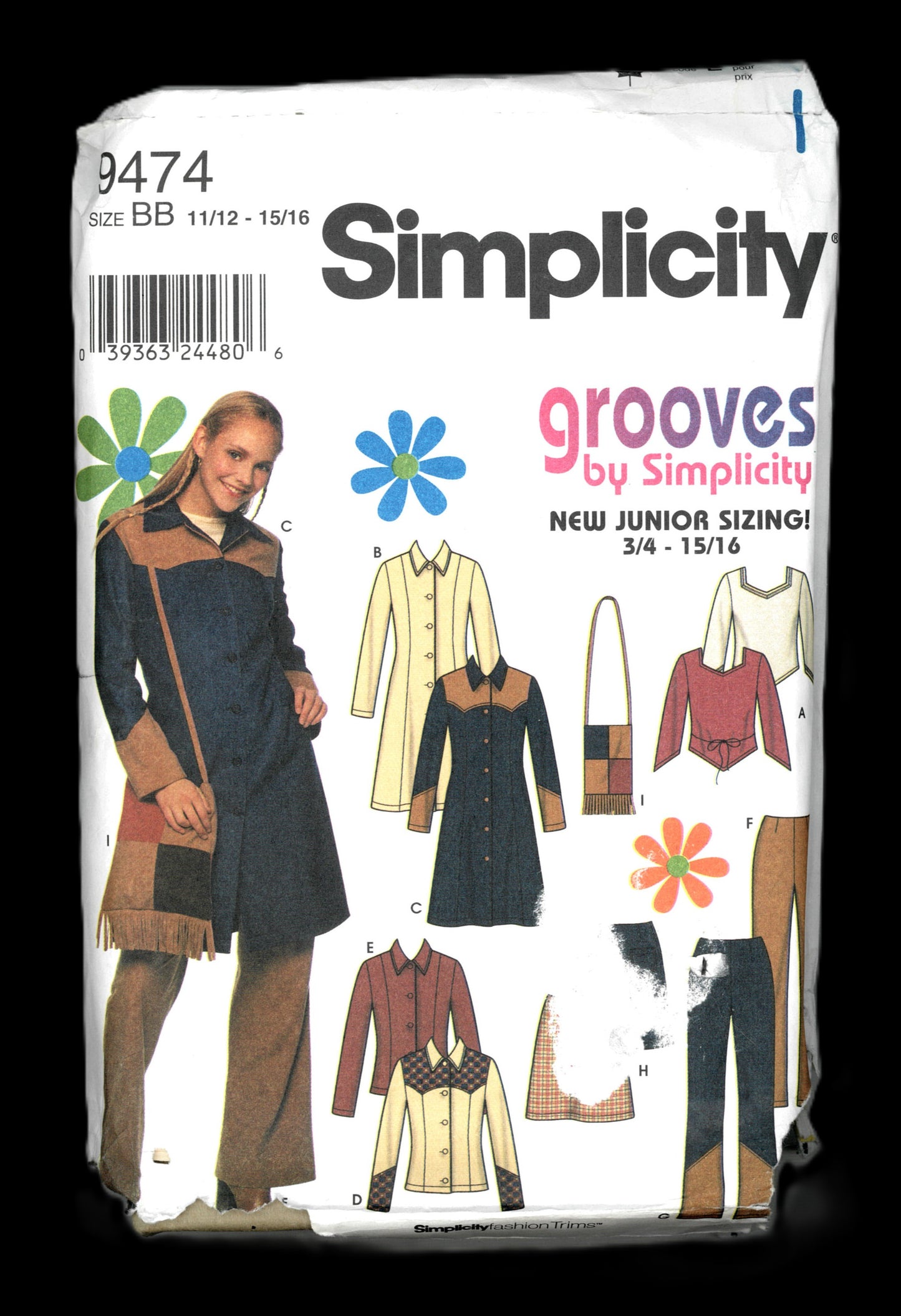 Simplicity 9474  Juniors Coat or Jacket, Pants, Skirt Bag and Knit Top Sewing Pattern - UNCUT - Size 11/12 - 15/16