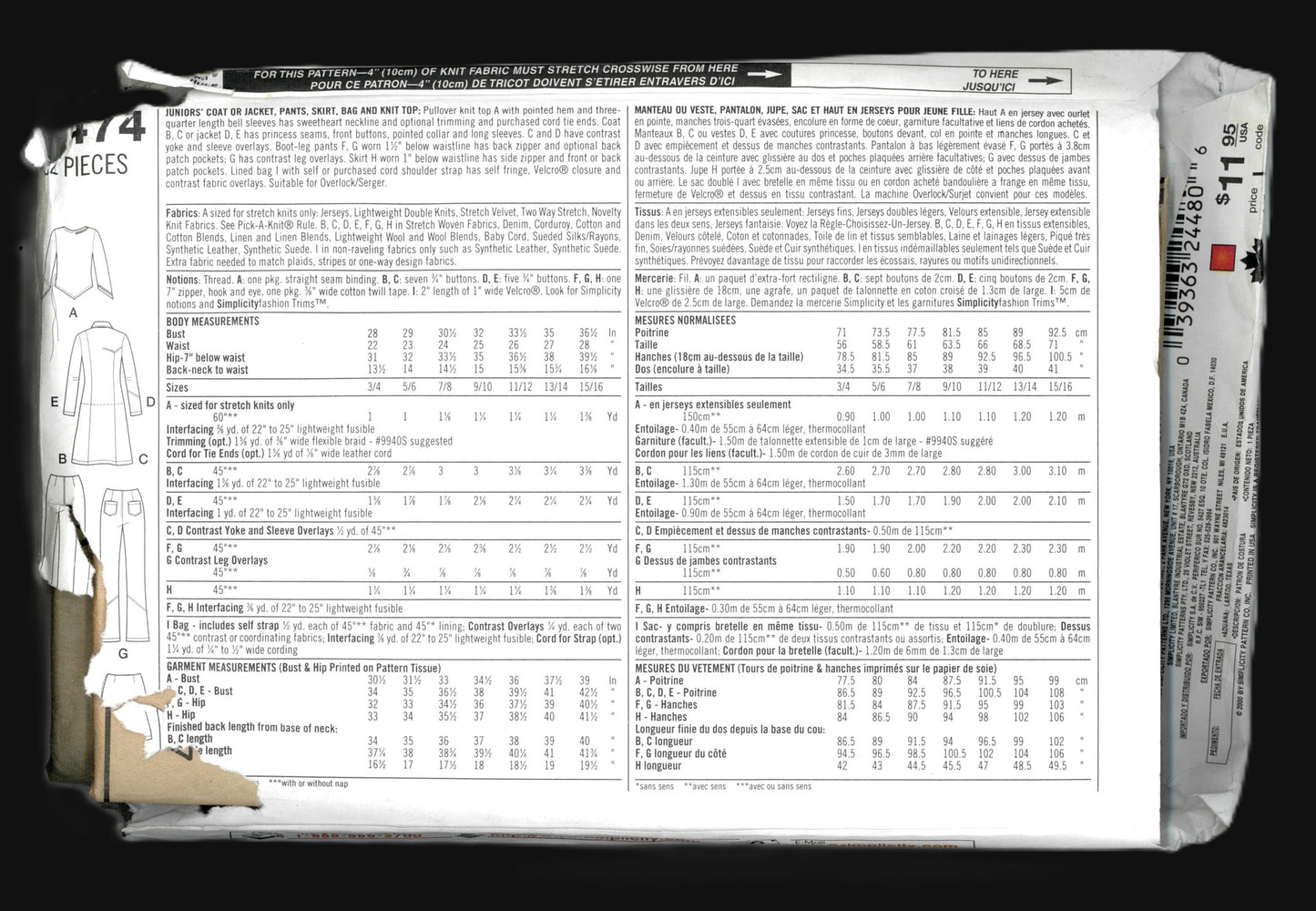 Simplicity 9474  Juniors Coat or Jacket, Pants, Skirt Bag and Knit Top Sewing Pattern - UNCUT - Size 11/12 - 15/16