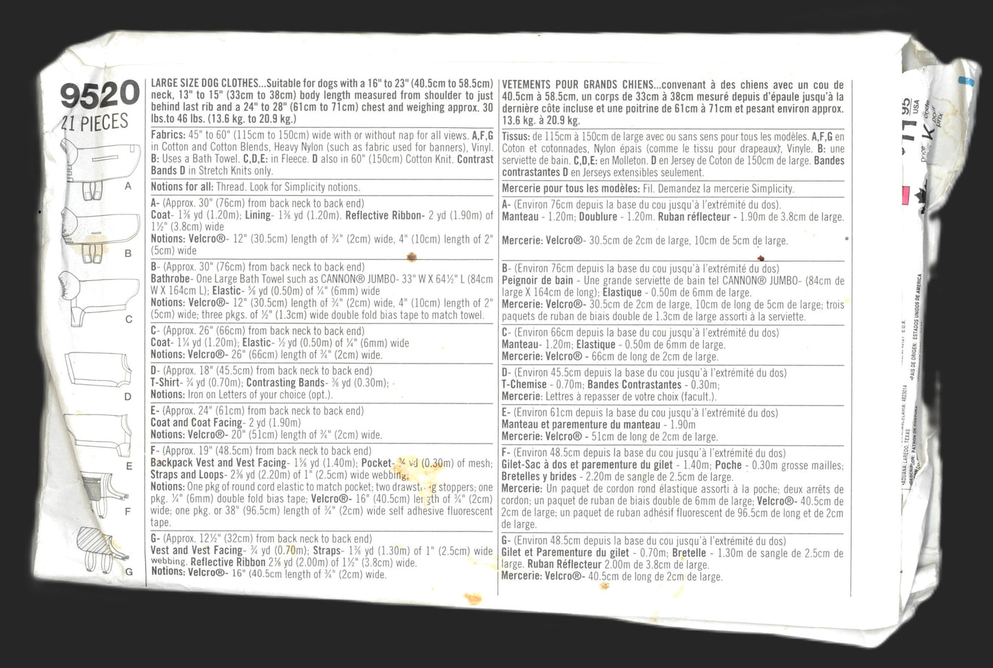 Simplicity 9520 Large Size Dog Clothes Sewing Pattern UNCUT