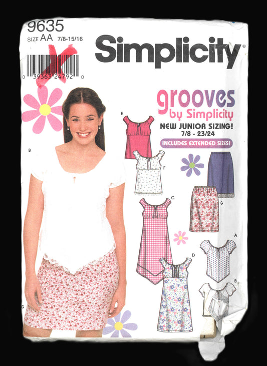 Simplicity 9635 Grooves Juniors Dress in Two Lengths and Skirt Sewing Pattern  UNCUT Size 7/8  - 15/16